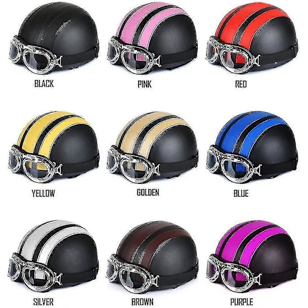 Motorcykel Scooter Öppen Halv-ansikts Läderhjälm Med Anti-UV-glasögon Retro Vintage Stil 54-60cm Black