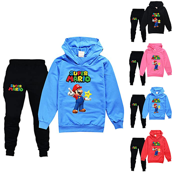 Super Mario Børne Drenge Hoodie Sweatshirt Trøje Bukser Blå blue 160cm