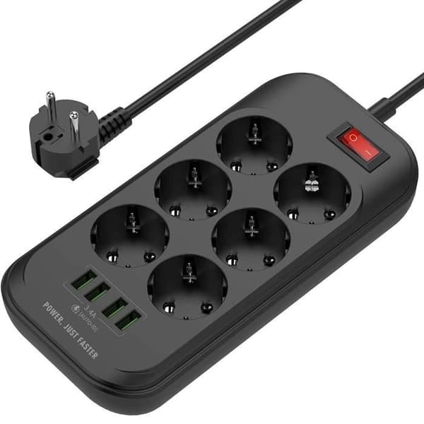 AUDBURN USB strømskinne - 6 uttak - 4 USB-porter - Overspenningsvern