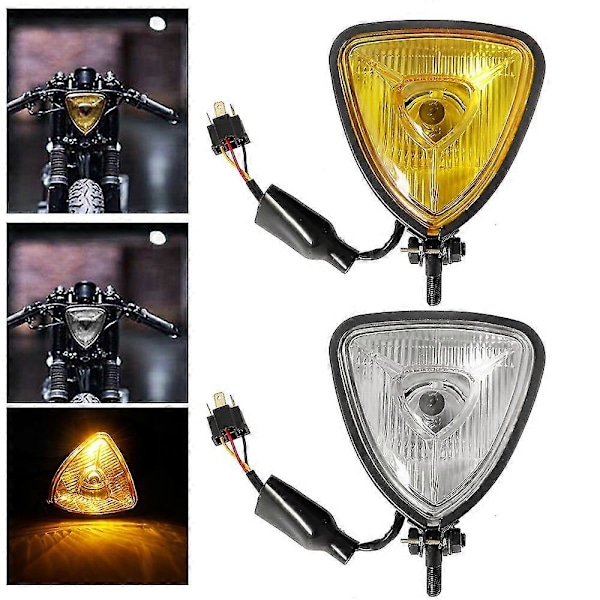 Retro Motorcykel Trekant Forlygte Krom/Sort DC 12v Frontlygte Til Bobber Custom Chopper Cafe Racer Vandtæt Lys Black Amber Lens