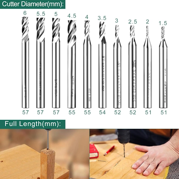 Fräskniv, 1,5 till 6 mm rak skaft borr set HSS CNC 4 spår fräskniv skärverktyg set för trä, aluminium, stål och titan, 10 st