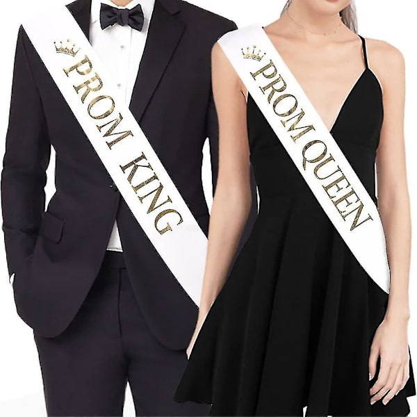 Katea \"Prom King\" ja \"Prom Queen\" vyöt - Koulujuhlatarvikkeet koulujuhliin, valkoiset painatuksella - -
