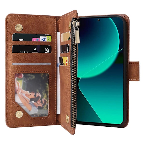 Xiaomi Redmi Note 14 5G Kotelo Vetoketjullinen Lompakko Useita Korttipaikkoja Nahkainen Puhelinkotelo Multicolor Brown