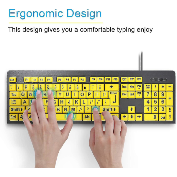 Datortangentbord med stort print , USB -tangentbord med hög kontrast med print bokstäver för synskadade personer med nedsatt syn (gul+svart)