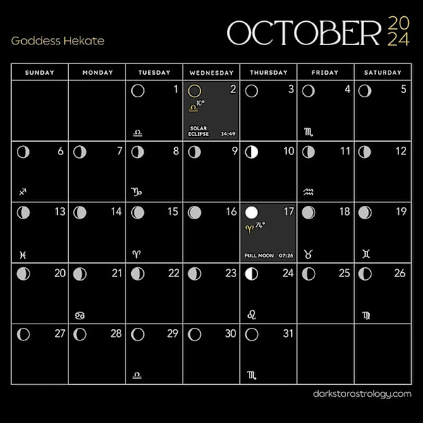 Dark Goddess 2024 Calendar Black Wall Calendar,moon Phases Greek