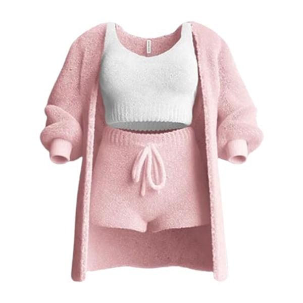 Koselige Plysj-Pyjamas for Kvinner, 3-delt Sett, Stilig, Myk, Løstsittende Soveklær for Innendørs Soverom, Rosa Pink 3XL