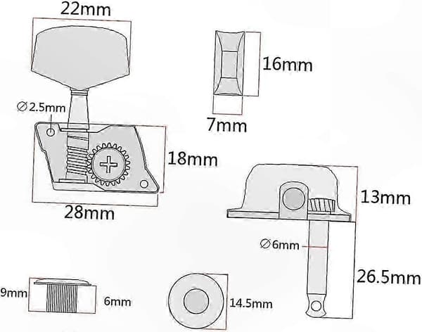 6-pack Gitarrstämskruvar med låsmekanism, halvsluten design för precisionstämning