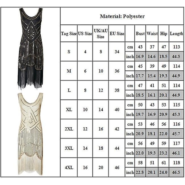 1920'er Flapper Kjole til Kvinder Lang Frynser Great Gatsby Kostume Kjole 20'er Pailletter Perler Vintage 3XL 3XL Black Gold