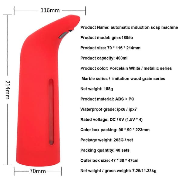 Automatisk 400ML Elektrisk Sæbedispenser med Sensor til Køkkener og Badeværelser 400ML Sæbedispenser Red
