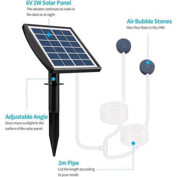 Solardammspump - ZOR® - 2W - 2200mAh batteri - Syreslang - 2 luftbubbelstenar