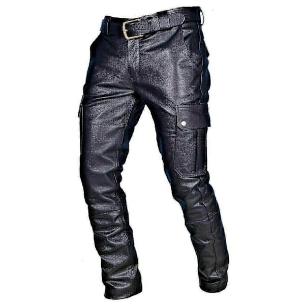 Högkvalitativa Herr Äkta Läder Bikerbyxor Mode Svarta Motorcykelbyxor Punkbyxor black XS