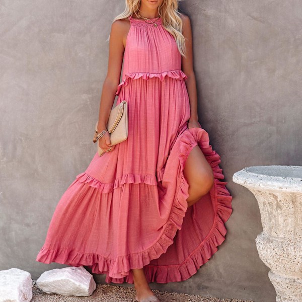 Maxikjole Plisseret Lagdelt Kant Lommedesign Ærmeløs Ensfarvet Boho Dame Hul Ud Tie-Up Elegant Kjole Festtøj Apricot S