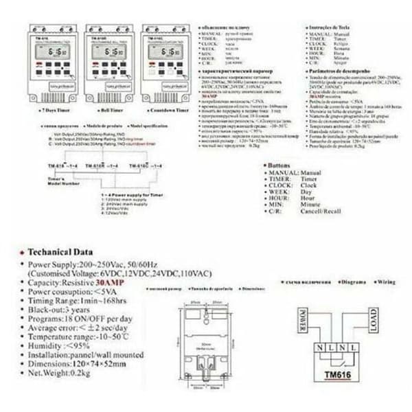 OKZ TM616 Elektrisk Timer - 12V - 24/7 Programmerbar - LCD Skærm - 6500W - 30A - Indbygget Batteri