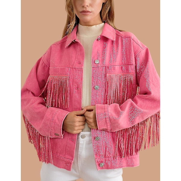 Dames Rhinestone Fringe Denimjakke Langærmet Casual Tassel Jeanjakke Frakke Rød Red Large