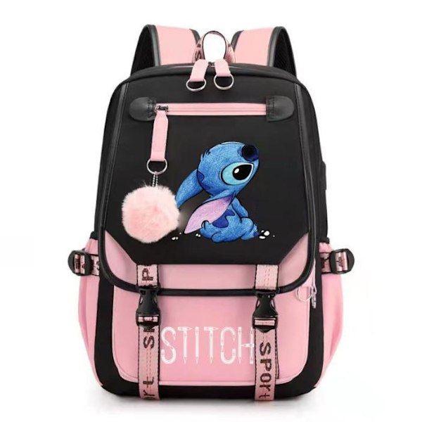 Lilo & Stitch Ryggsäck Unisex Barn Skola Väska Resa Axelrem Ryggsäck Present Svart Rosa Black Pink 29*16*46cm