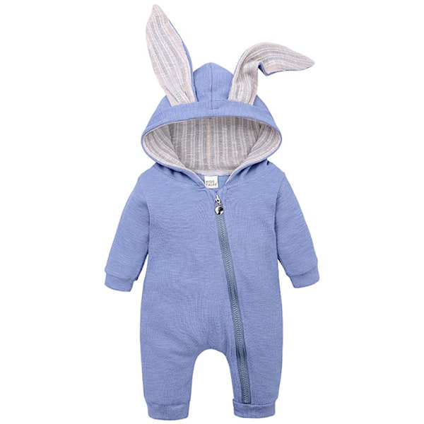 Baby Romper Söt Kanin 3D Öron Hoodie 1-Delad Dragkedja Body Blå Blue 73