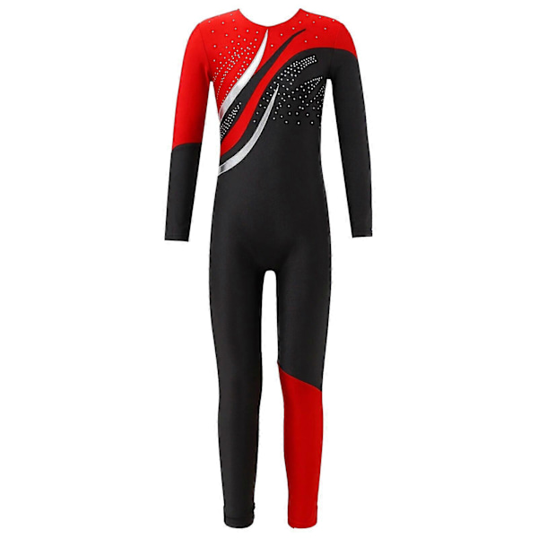 Balletdanse-leotard til børn Piger Gymnastik Jumpsuits Børn Langærmet Skinnende Rhinestone Kontrastfarve Skøjte Jumpsuit 10 Red