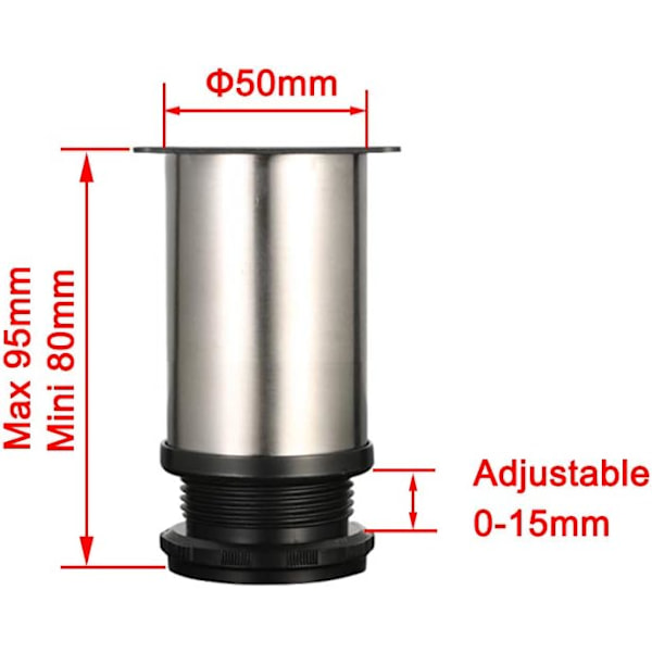 Justerbare ben 80 mm højde skabsben bordben møbelben justerbar højde i rustfrit stål 0-15 mm leveres med skruer i rustfrit stål