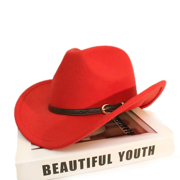 Retro læderbånd forældre børn kvinder mænd børn børn uld bredbremmet cowboy western hat cowgirl cap 54 57 61cm Red