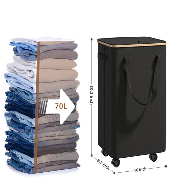 [KK] Large Laundry Basket with Wheels - 70L Foldable Laundry Hamper with Lid and Removable Inner Bag