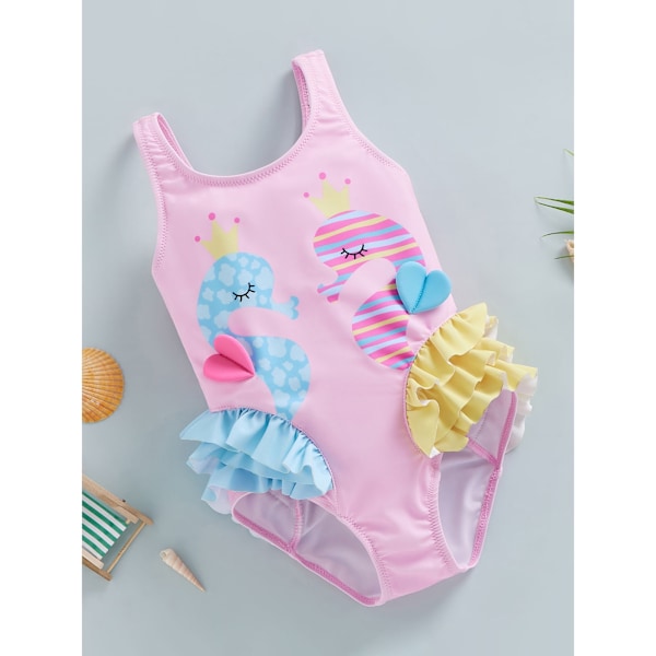 Barn Toddler Baby Flickor En Delig Baddräkt Strandkläder Volang Sjöhäst S Rosa Pink S/90
