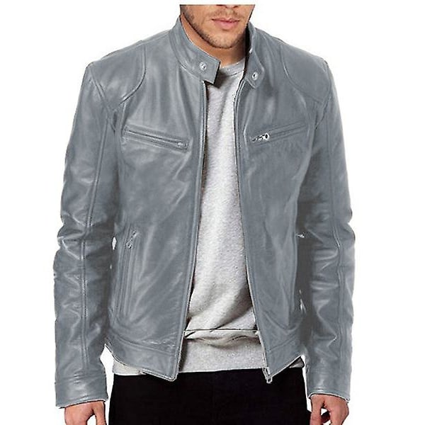 Motorcykeljacka i läder för män, slim fit, kort jacka med slag, PU-jackor, höstnyhet, dragkedja, vindtät läderjacka, herrkläder black S