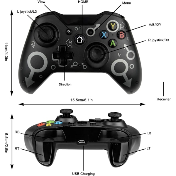 Langaton ohjain Xbox One:lle, Xbox-ohjain 2.4GHz langattomalla sovittimella, Xbox One X/Xbox One S/PS3 ja PC (Musta)