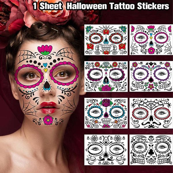 8 st Halloween tatueringsklistermärken för roliga ansikte Kreativ skräck Tillfällig smink Dans Död Ande Ansiktsdekaler