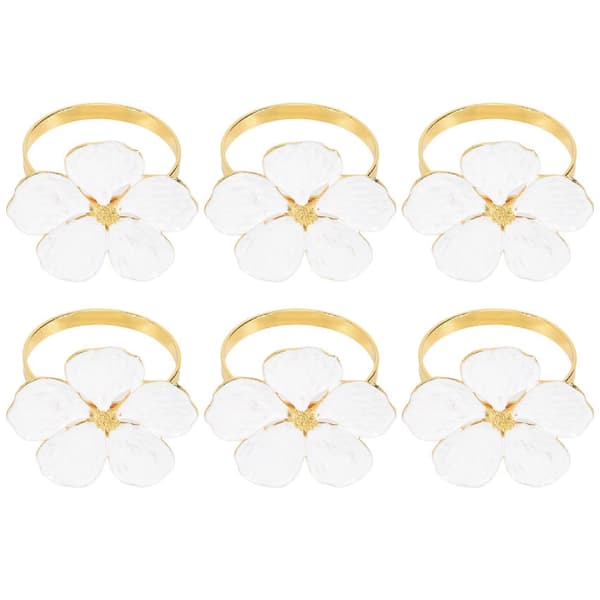 Servietringe Sæt med 6 Servietringeholdere Hvide Blomster Servietspænder Elegante Serviettholdere til Middagsbordet White & gold