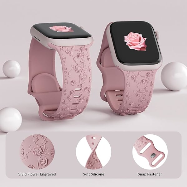 Blommig mönstrad graverad klockarmband för Apple Watch 40mm 38mm 41mm Kvinnor Mjukt silikon Elegant ros mönster ersättningsband för