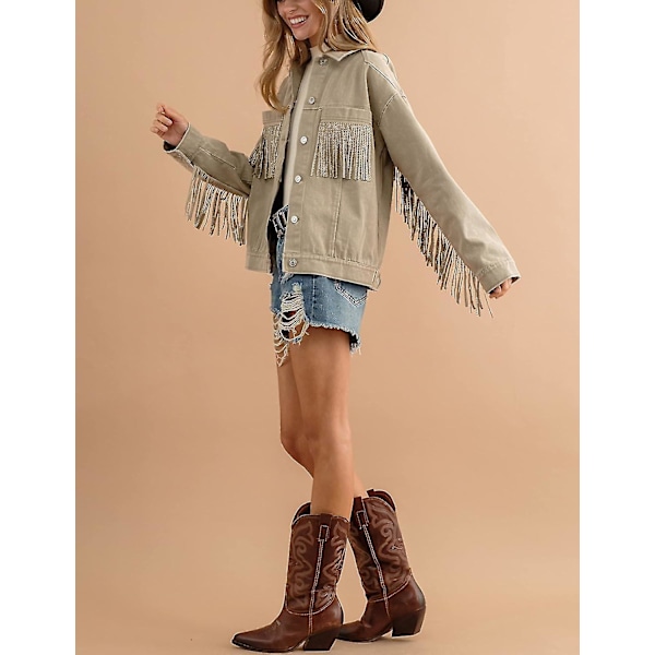 Dames Rhinestone Fringe Denimjakke Langærmet Casual Tassel Jeanjakke Frakke Khaki Khaki X-Large