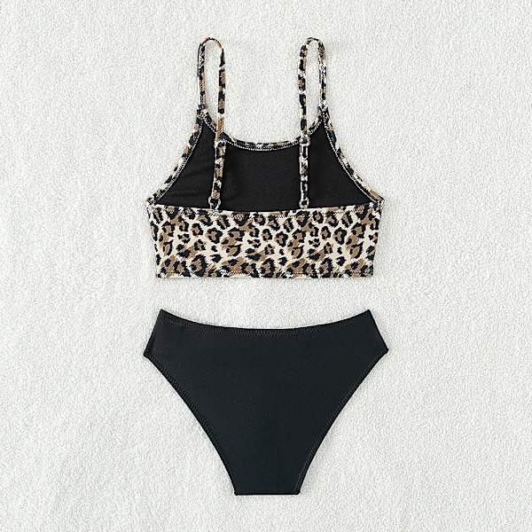 Badedrakt for jenter 5-14 år, leopardbikinisett, delt todelt sommerbadedrakt for jenter, svart black 13-14