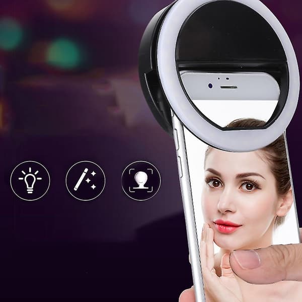 Bærbar Selfie LED Ring Light med 36 LED'er - 3 Lysstyrkeniveauer, Clip-On til iPhone