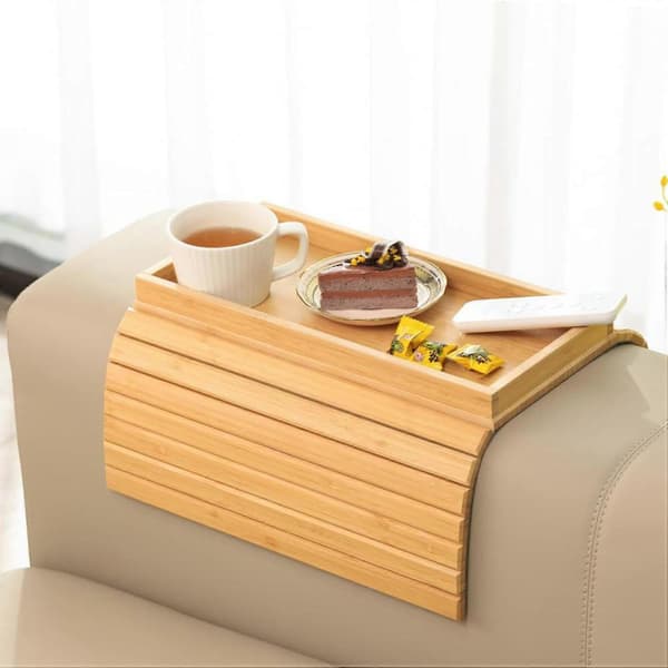 2X Sofabrett Sofaarmlene Snack Oppbevaringsbrett Sofahyllebrett Wood color