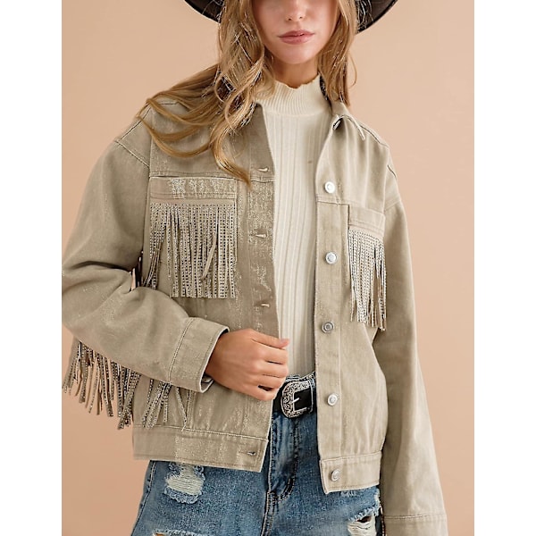 Dames Rhinestone Fringe Denimjakke Langærmet Casual Tassel Jeanjakke Frakke Khaki Khaki Large