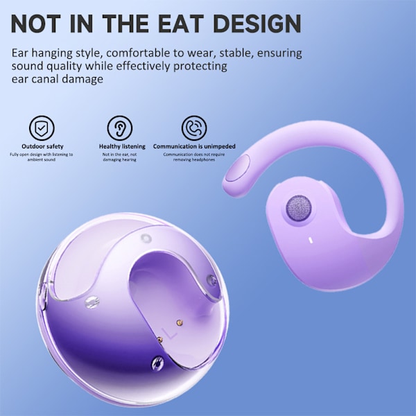 Trådløse Bluetooth Open-Ear Høretelefoner Ergonomisk Design Ørehager Stereo Ørepropper Purple