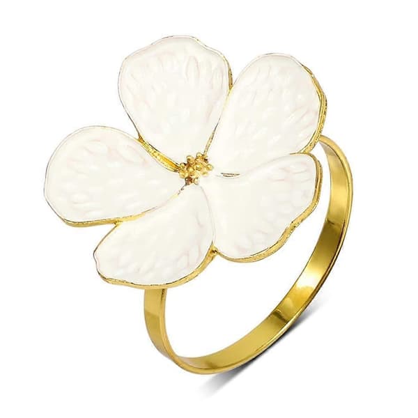 Servietringe Sæt med 6 Servietringeholdere Hvide Blomster Servietspænder Elegante Serviettholdere til Middagsbordet White & gold