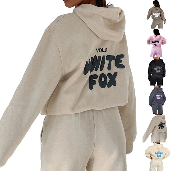 2PCS Vit Fox Boutique Hoodie Sweatshirt Pullover Hoodies Byxor Set Damkläder Khaki Blå Khaki blue 3XL