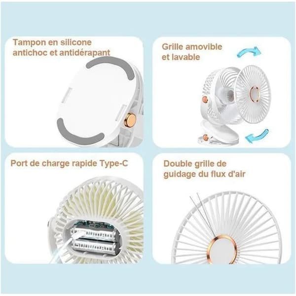 Bærbar klipsvifte - DAITY - 720° justerbar - 5 hastigheter - USB-C-lading - 6 tommer - LED-lys