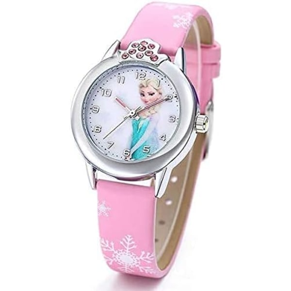 Rosa barnklocka med läderarmband, mönster: frostad, ELSA helt frostad, klockarmband, armband