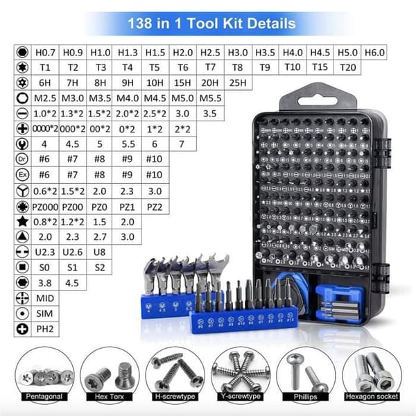 Præcisionsskruetrækkersæt - 138 i 1 - Kromvanadiumstål - 21 tilbehør - iPhone-reparation og mere