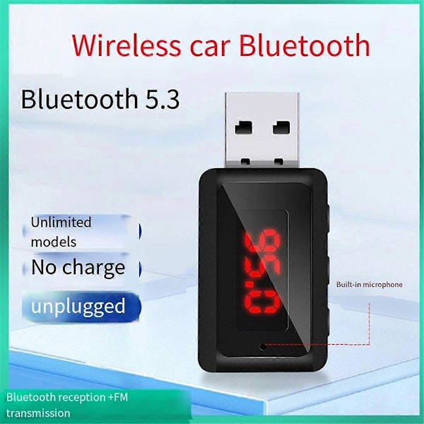 Auton Bluetooth 5.3 FM-lähetin USB Langaton Audioadapteri Handsfree-puhelut MIC HIFI Stereolla As Shown