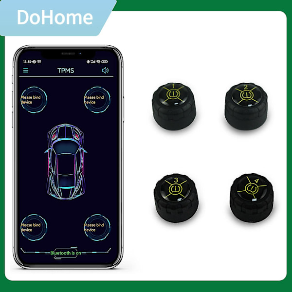 Däcktrycksövervakningssystem med 4 externa sensorer TPMS, tryck- och temperaturlarm, stöd för iOS/Android med appstyrning Black
