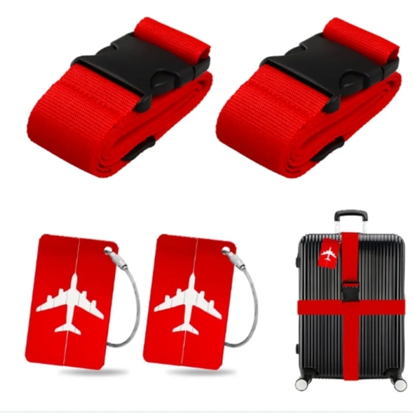 2 Pakk Bagagerem med 2x Metal Bagage Etiket Sæt Rød Justerbar Bagagerem Bagagerem Kuffertrem Bagagerem Kuffert SQBB