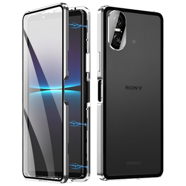 Til Sony Xperia 10 VI Hærdet Glas Cover Metal Ramme Klar PC Bagside Magnetisk Telefon Cover - Sort Multicolor Silver