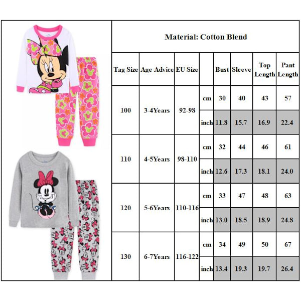 Flickors Pyjamas Disney Minnie Tryckt Topp + Byxor Nattkläder Set C C 100cm