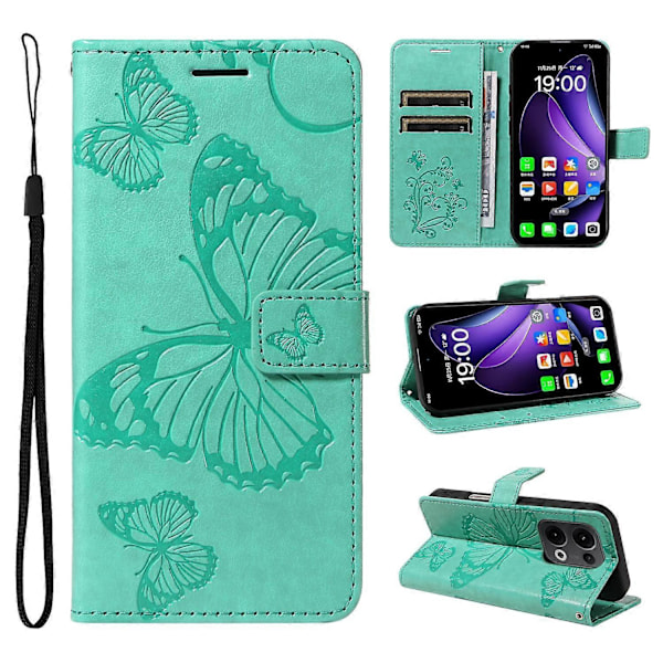Til Oppo Reno13 5G (Global) Wallet Case Floral Butterfly Præget Læder Telefon Cover Stativ - Multicolor Green