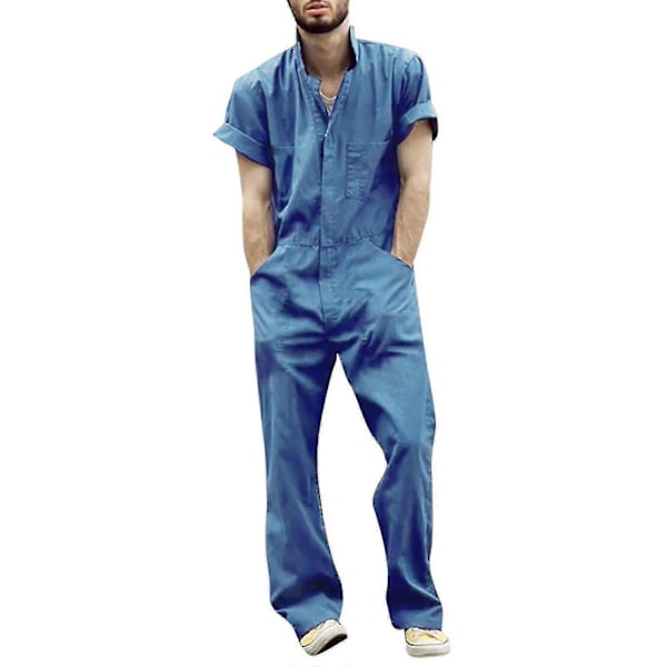 Miesten vetoketjullinen haalari, jossa kaulus ja yksivärinen jumpsuit - YuJia Blue L