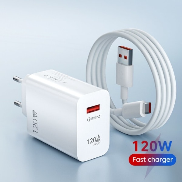 120W USB-lader Rask lading QC3.0 USB-C kabel Type C kabel Mobiltelefonlader for Huawei Samsung Xiaomi Hurtig lading EU-Hvit-10A