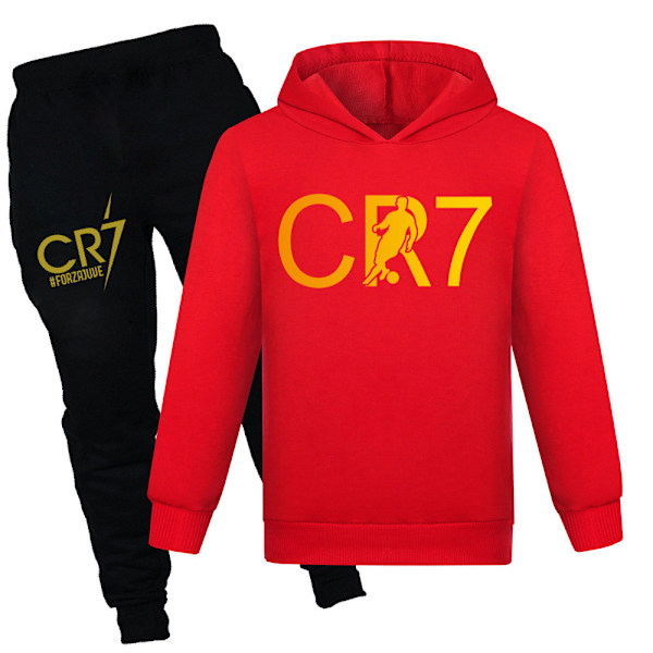 CR7 Ronaldo Barn Pojkar Casual Träningsoverall Fotboll Huvtröja Träningsbyxor Pullover Outfit Röd Röd Ed Ed 130 cm